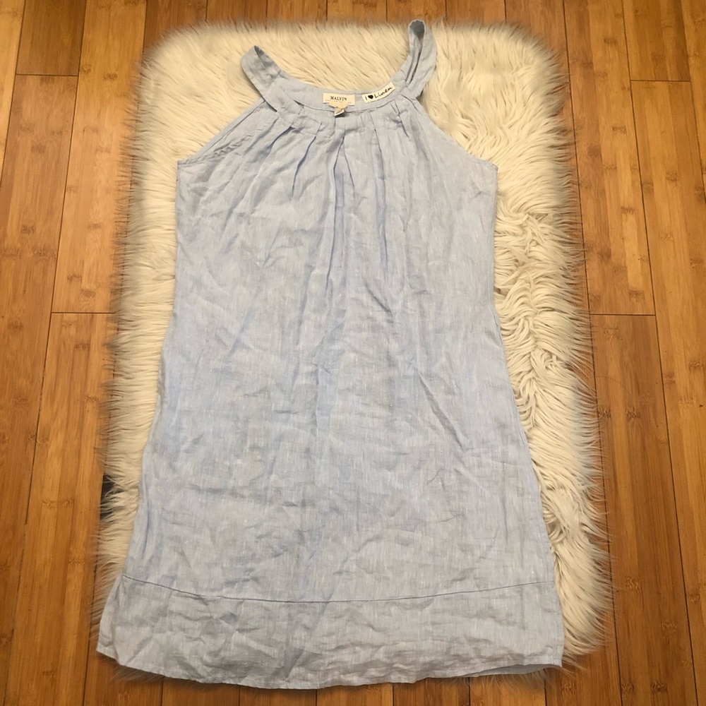 Malvin Hamburg Germany Linen Blend Pleated Sky Blue Halter Sun Dress S (6 US)